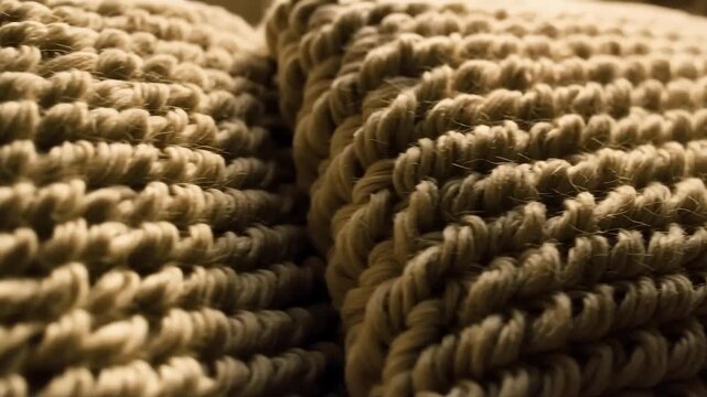 Close up of thick beige knitted fabric texture