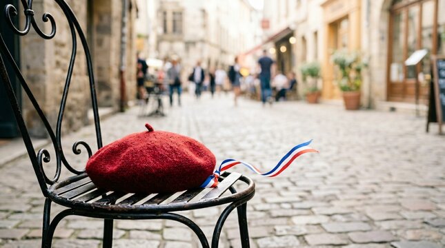 A vibrant red wool beret with a small tricolor ribbon rests upon an ornate iron bistro chair positioned on a charming stone path within the historic heart of a bustling French city during
