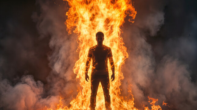 Silhouette of man standing inside pillar of fire. Surreal scene with human figure surrounded by intense flames and thick smoke.