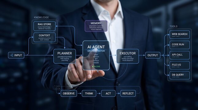 Businessman interacting with AI agent workflow diagram