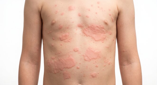 Torso of young boy suffering from severe allergic reaction urticaria with red itchy hives