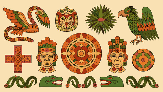 Ancient mesoamerican motifs and stylized animal depictions form a vibrant vector illustration set aztec maya olmec mesoamerica
