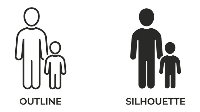 Parent and Child Icons: A clear comparison between an outline and a silhouette icon, representing an adult standing with a child, illustrating different graphic styles.