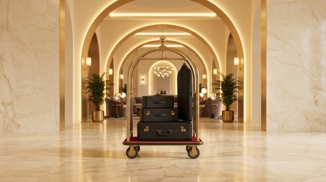 Classic Hotel Luggage Cart with Suitcases in Elegant Marble Lobby