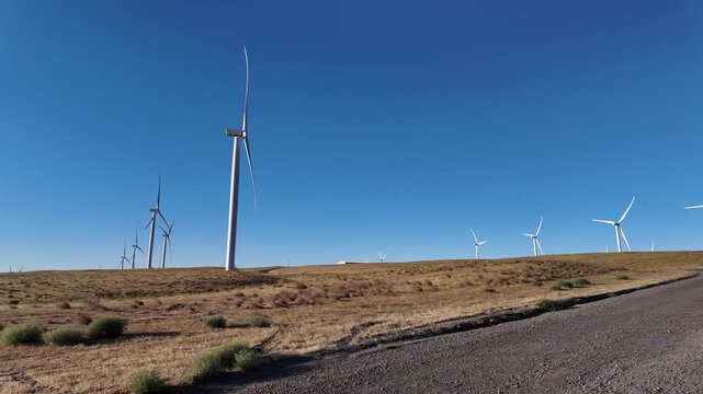 4K pocket action camera footage of a wind farm near Arlington, Columbia River Gorge, Oregon, USA at morning light. Rotating wind turbines producing clean renewable electricity in strong winds