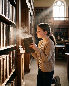 Little girl blowing dust off an old book by library shelves
