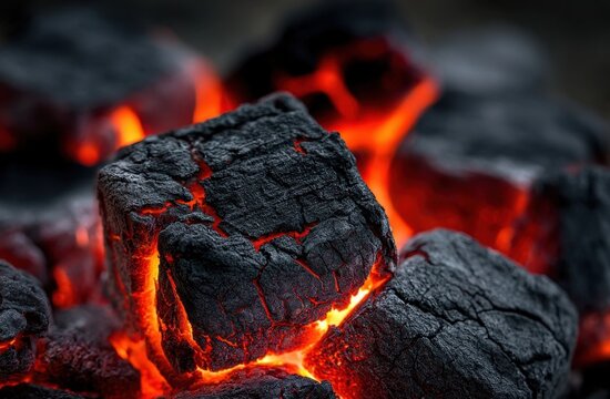 Glowing embers of burning charcoal pieces with cracks and orange firelight