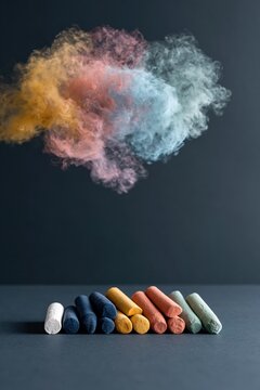 Colorful chalk sticks with pastel powder cloud over dark tabletop for background and banner design