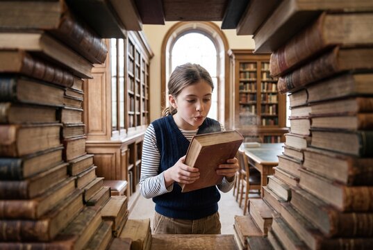 Little girl blowing dust off an old book in a library
