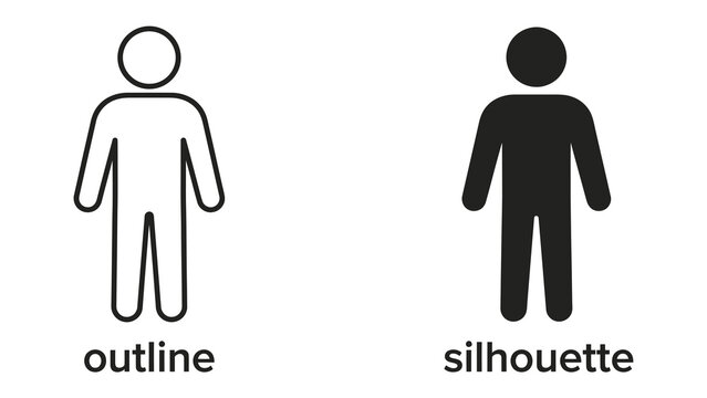Human Outline and Silhouette: A simple graphic comparison illustrating the difference between an outline and a silhouette of a human figure.