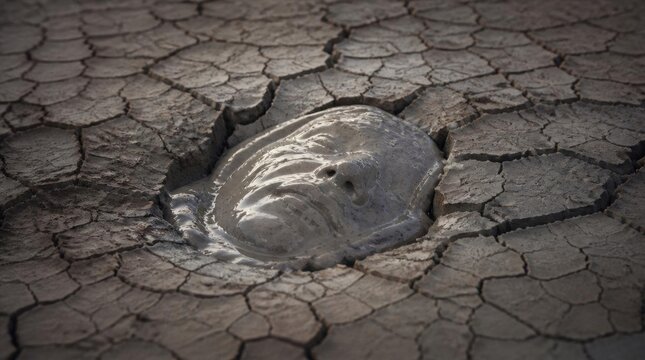 Close up of cracked dry earth with a bubbling mud pool, representing drought and environmental crisis.