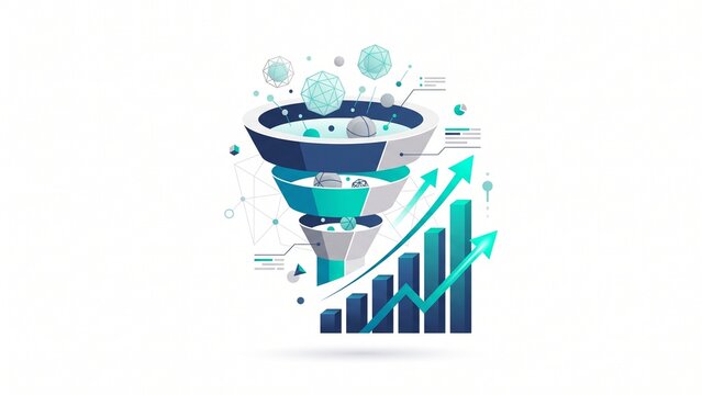 AI Data Funnel and Sales Conversion Vector Illustration with Revenue Growth Bar Chart and Analytics