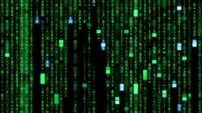 Green digital rain with blue highlights and binary code