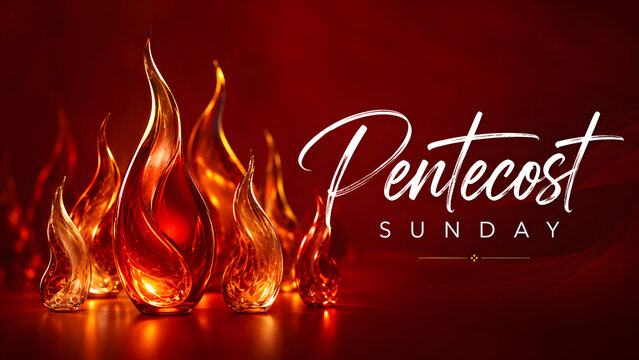 Pentecost sunday background featuring multiple glowing glass flames, representing the tongues of fire, on a dark red background