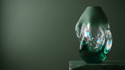 Obraz premium Sculptural green glass vase with rainbow refractions against a muted green background