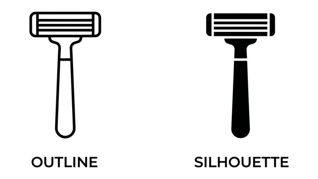 Razor Icon: A simple graphic representation of a razor, presented in both outline and silhouette styles, signifying personal care and grooming tools.