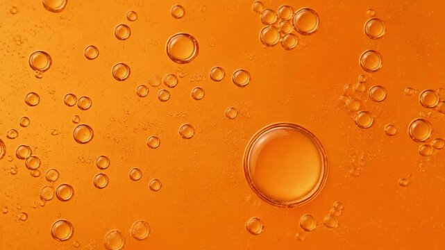 Close-up of orange liquid bubbles with various sizes and reflections