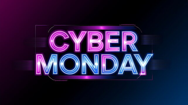 Neon cyber monday text design with glowing purple and blue light effects