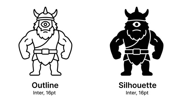 Mythical Creature Icon: A graphic representation of a one-eyed cyclops warrior in both outline and silhouette styles, evoking ancient mythology and fantasy themes.