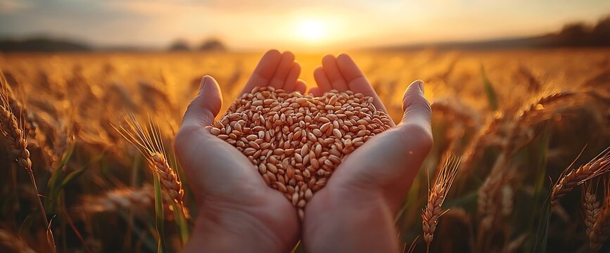 Hands Holding Wheat Grains at Sunset in Field