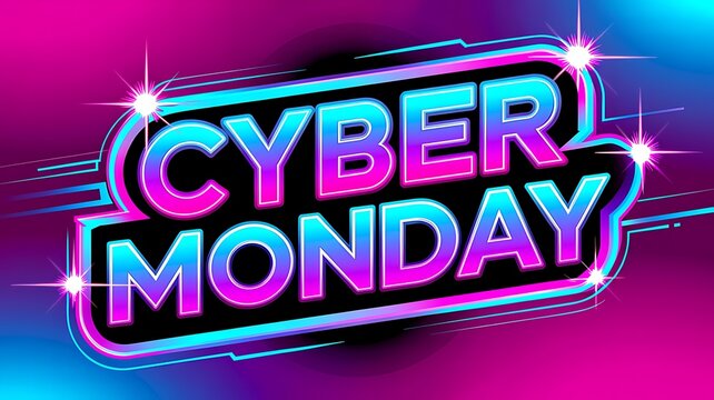 Cyber monday neon sign advertisement with vibrant pink and blue glowing light effects