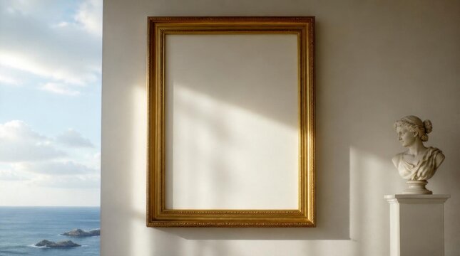 Ornate gold frame and classical sculpture bust in room overlooking a beautiful ocean view.