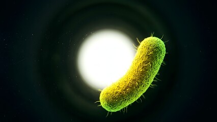 Fototapeta premium Close-up 3D render of a yellow-green bacterium with flagella, illuminated by a bright light source in a dark environment.