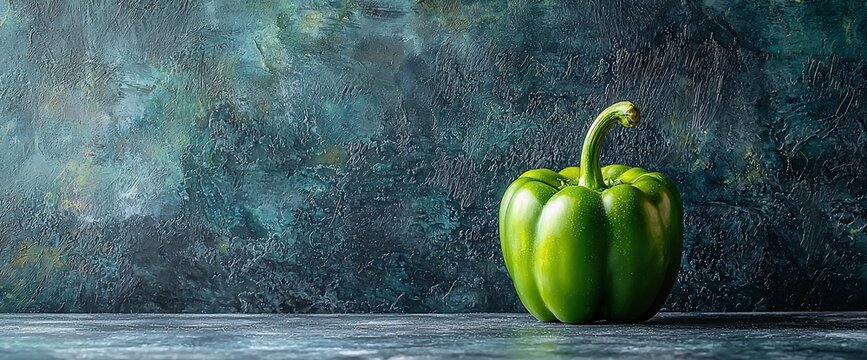 Single green bell pepper on dark table, textured background, food photography