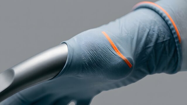 Close up of a gloved hand holding a dental instrument, showing texture and detail.