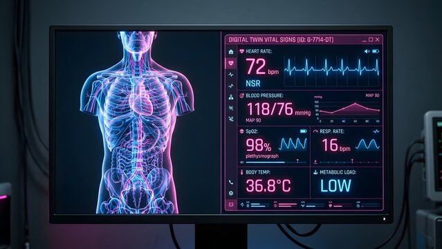 Digital twin displaying vital signs on futuristic monitor, including heart rate, blood pressure, and body temperature.