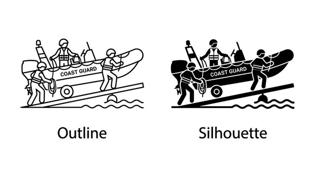 Coast Guard Rescue Boat: Two distinct illustrations, an outline and a silhouette, depict a Coast Guard inflatable rescue boat with crew members aboard, ready for operation.
