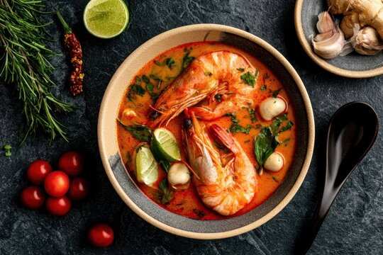 Overhead view of a bowl of spicy tom yum soup with large prawns, lime, and fresh herbs