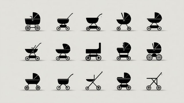 Set of black baby stroller and pram icons on a light background