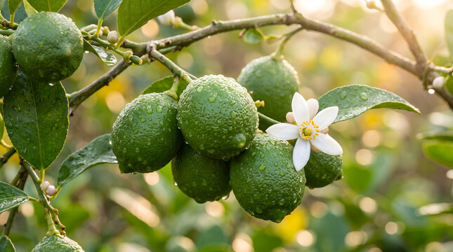  Unripe green lemons with water drops and white blossom flower on branch in morning sun