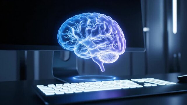 Brain hologram floating above futuristic computer keyboard artificial intelligence concept