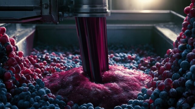 Industrial grape press crushing dark purple grapes into juice