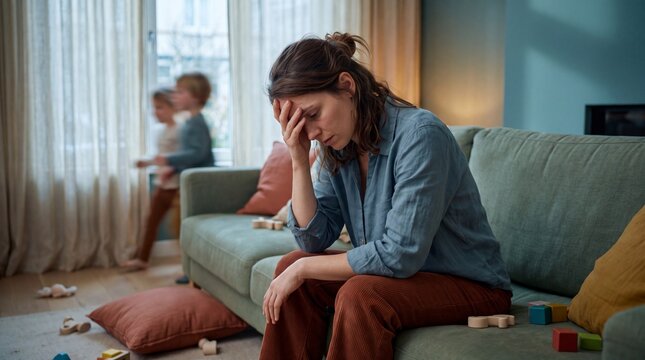 Exhausted young mother sitting on couch feeling overwhelmed while her children play in background