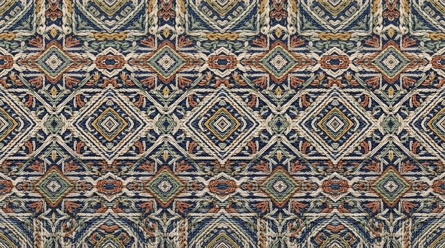 Intricate ethnic embroidery pattern with geometric shapes and floral motifs in blue, gold, and terracotta