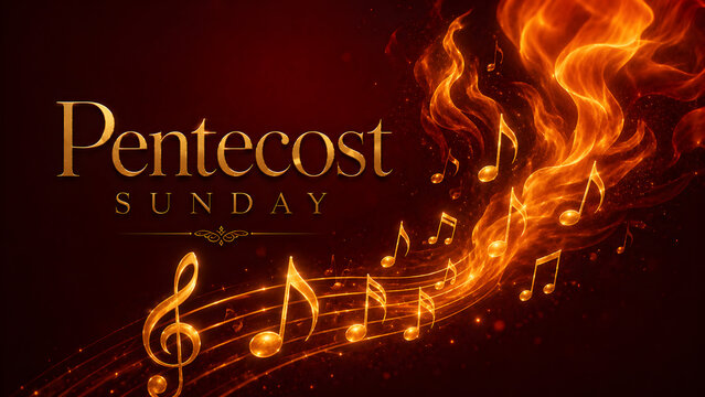 Pentecost sunday background with golden musical notes and fire flames, religious worship concept