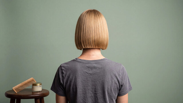 Back view of a woman with sleek short blonde bob hair against green wall