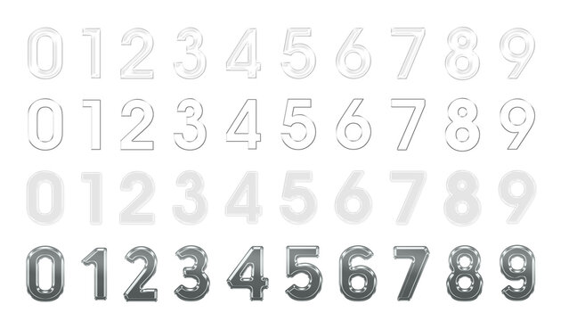 3D glass liquid numbers set. glass or metallic 0, 1, 2, 3, 4, 5, 6, 7, 8, and 9, png set collection 4 styles