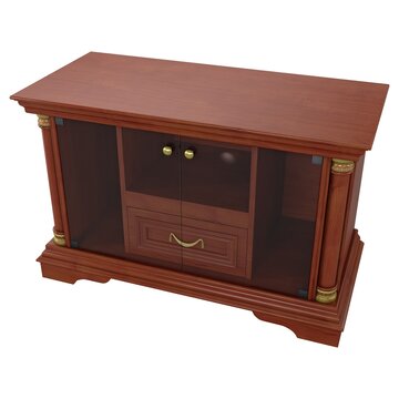 Media Console - Classic wooden media console stand with glass doors and drawer, isolated on a white background. 3D render image