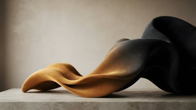 Smoothly flowing abstract fabric sculpture in gradient colors of ochre and black, presented on a concrete surface with soft background lighting.