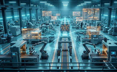 Fototapeta premium A highly detailed futuristic smart factory and advanced manufacturing facility, viewed from an elevated wide-angle vast automated production floor is filled with sophisticated robotic