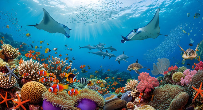 Manta rays swimming over a vibrant tropical coral reef