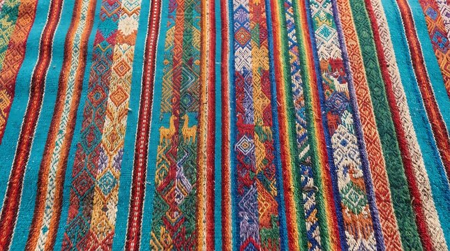 Traditional andean textile with colorful geometric patterns and llama motifs