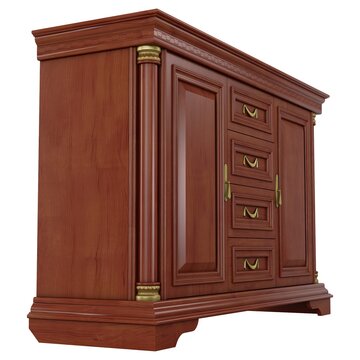 Sideboard Cabinet - Wide classic wooden sideboard cabinet with central drawers and side doors, isolated on a white background. 3D render image