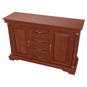 Sideboard Cabinet - Wide classic wooden sideboard cabinet with central drawers and side doors, isolated on a white background. 3D render image
