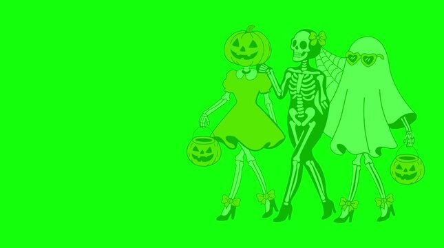 Animated Fashionable Skeleton Ghost Pumpkin Friends Walking Green Screen Chroma Key Background Overlay