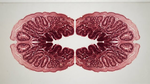 Cross-section of the small intestine showing villi and crypts, a microscopic view of tissue structure